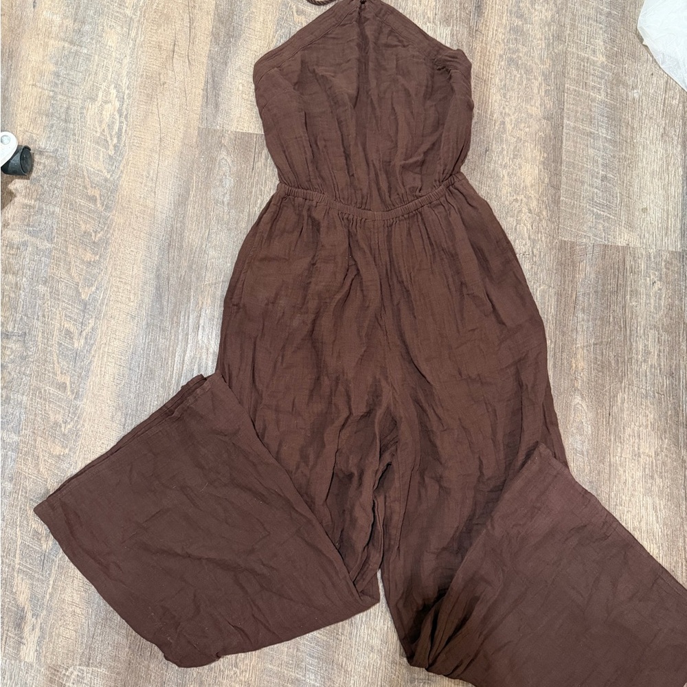 aerie Brown Halter Wide-Leg Jumpsuit